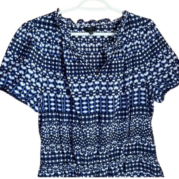 Talbots XL Indigo Blue, White Cotton Ruffle Tiered Dress Short Sleeves - Picture 3 of 4